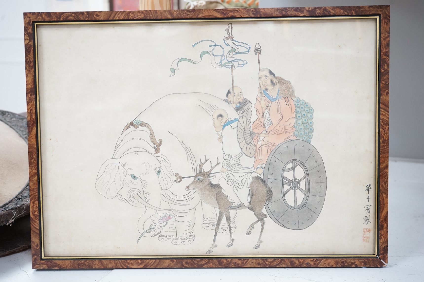 19th century, Chinese School, Figural and animal studies, three watercolours on printed bases, with character marks, 29 x 42cm